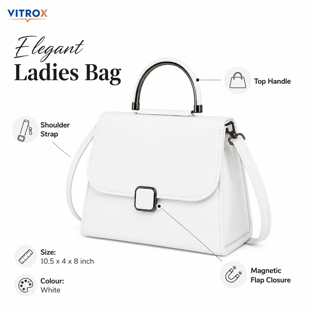 Vitrox White Ladies Handbag – Stylish Top Handle Shoulder Bag with Magnetic Flap Closure