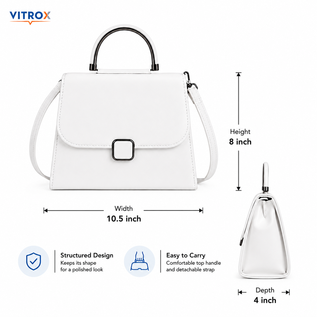 Vitrox White Ladies Handbag – Stylish Top Handle Shoulder Bag with Magnetic Flap Closure