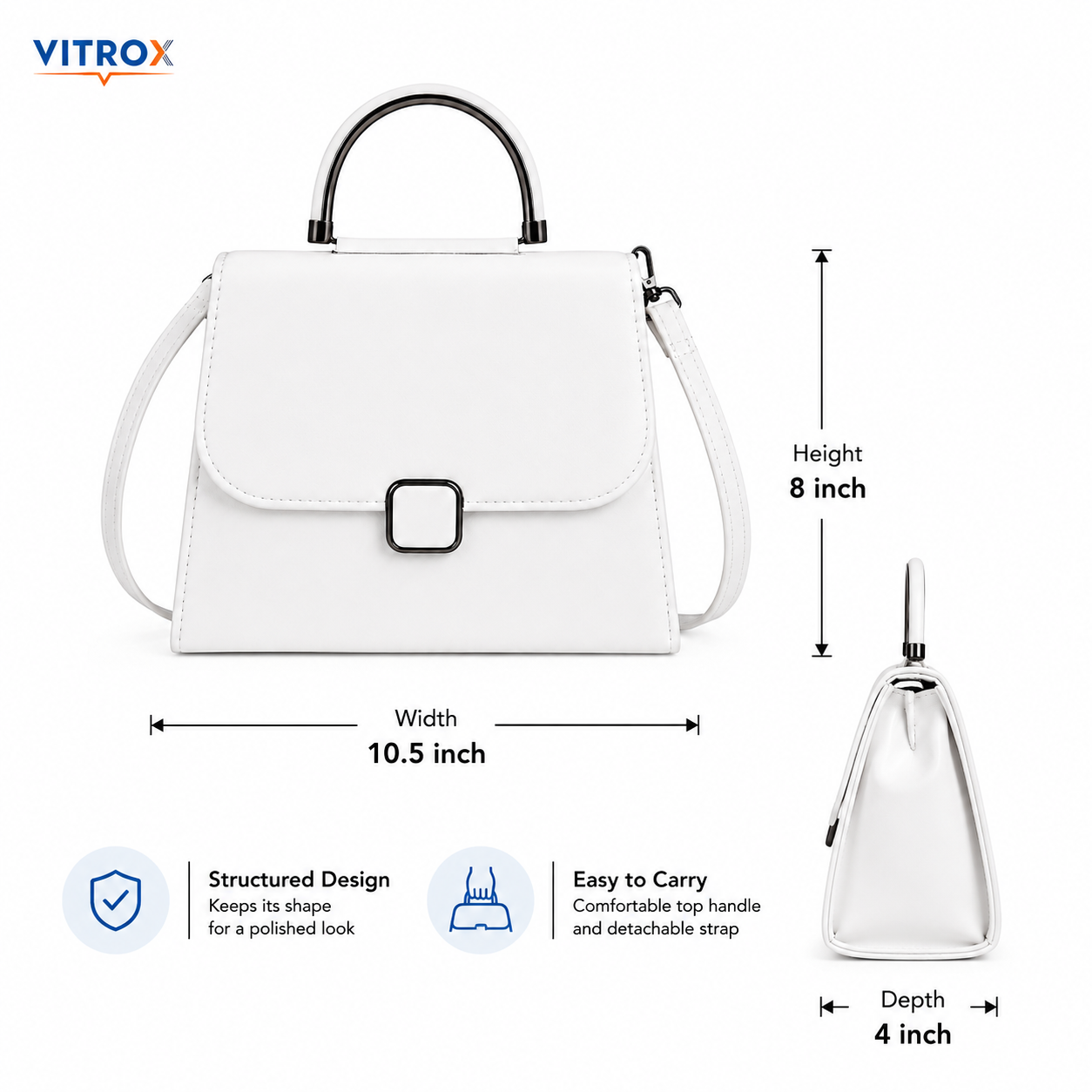 Vitrox White Ladies Handbag – Stylish Top Handle Shoulder Bag with Magnetic Flap Closure