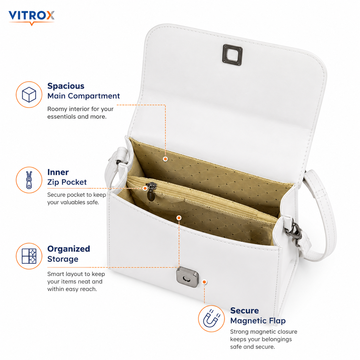 Vitrox White Ladies Handbag – Stylish Top Handle Shoulder Bag with Magnetic Flap Closure