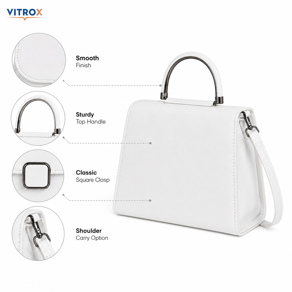 Vitrox White Ladies Handbag – Stylish Top Handle Shoulder Bag with Magnetic Flap Closure