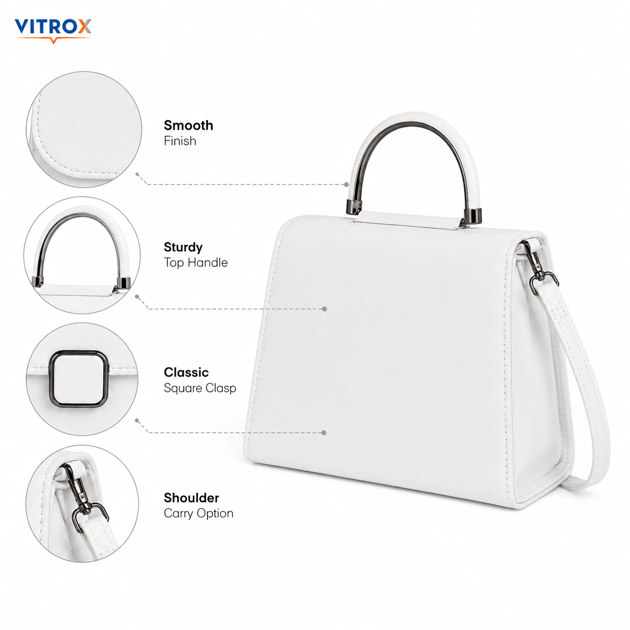 Vitrox White Ladies Handbag – Stylish Top Handle Shoulder Bag with Magnetic Flap Closure