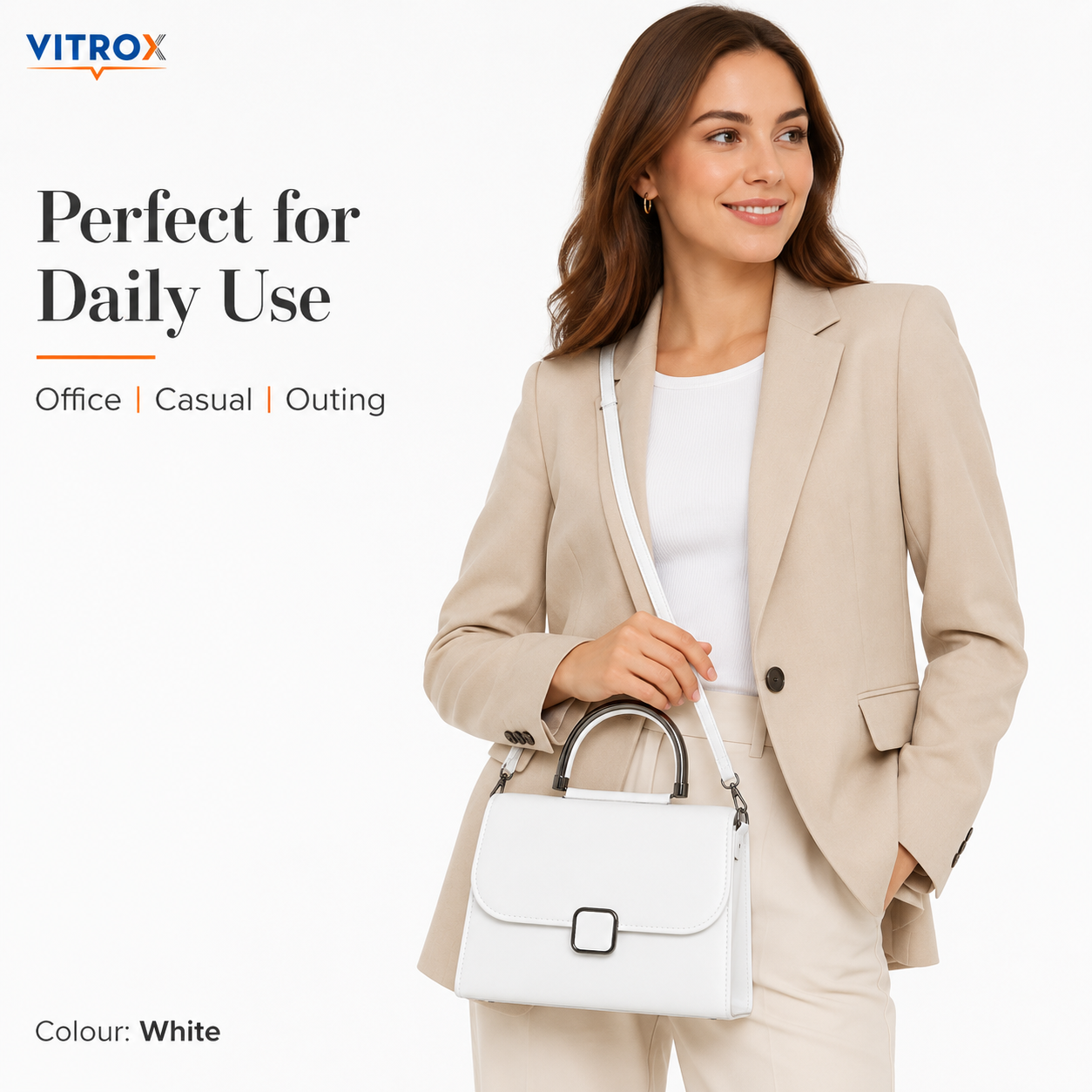 Vitrox White Ladies Handbag – Stylish Top Handle Shoulder Bag with Magnetic Flap Closure