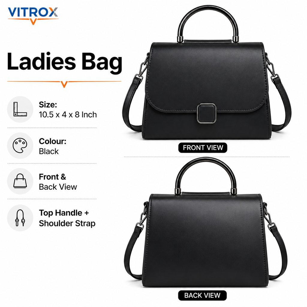 Vitrox Black Ladies Handbag - Stylish Top Handle Bag with Shoulder Strap