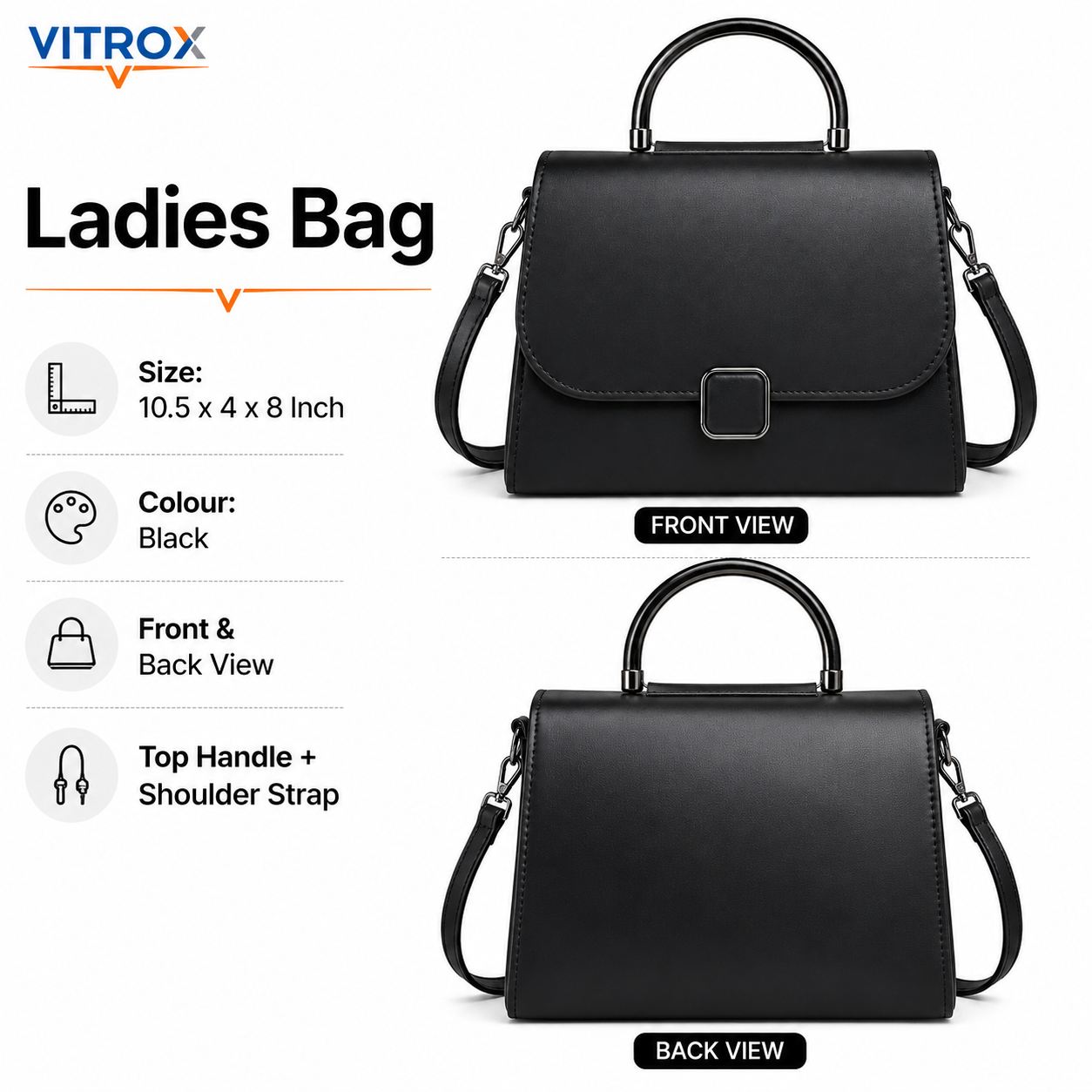 Vitrox Black Ladies Handbag - Stylish Top Handle Bag with Shoulder Strap