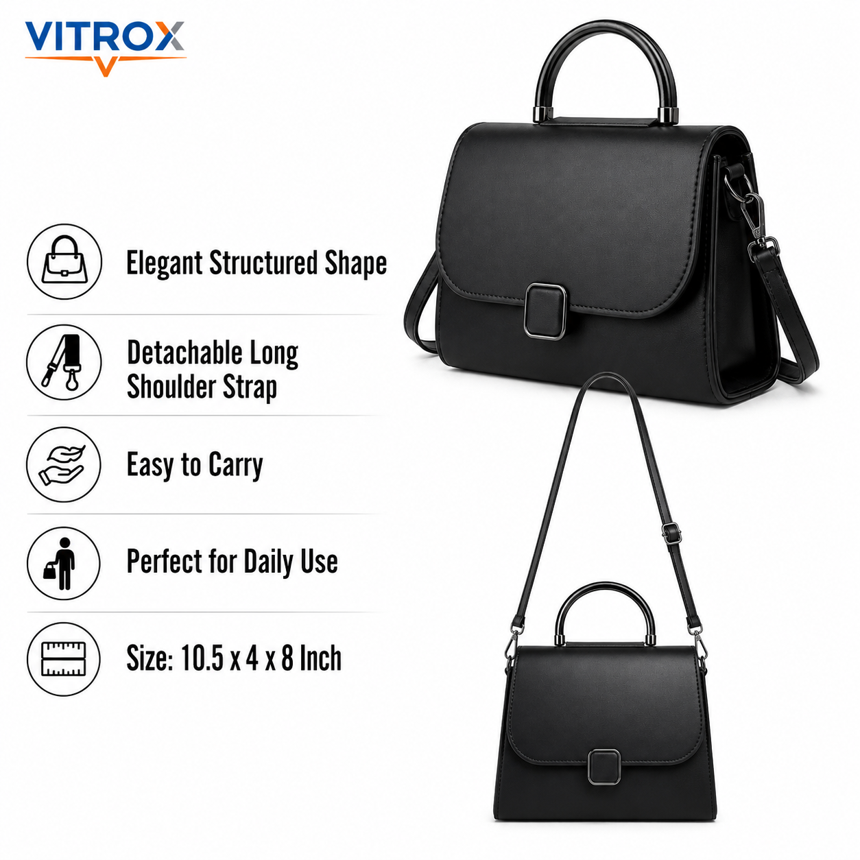 Vitrox Black Ladies Handbag - Stylish Top Handle Bag with Shoulder Strap