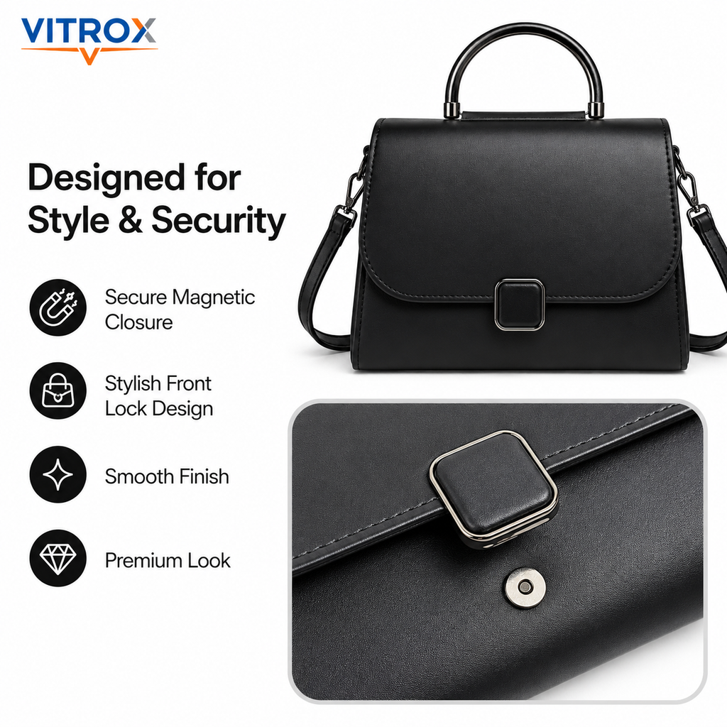 Vitrox Black Ladies Handbag - Stylish Top Handle Bag with Shoulder Strap