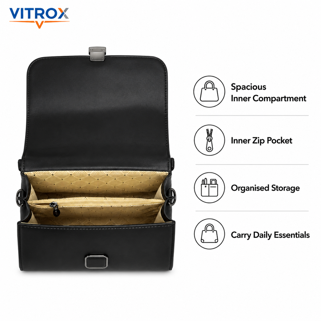 Vitrox Black Ladies Handbag - Stylish Top Handle Bag with Shoulder Strap