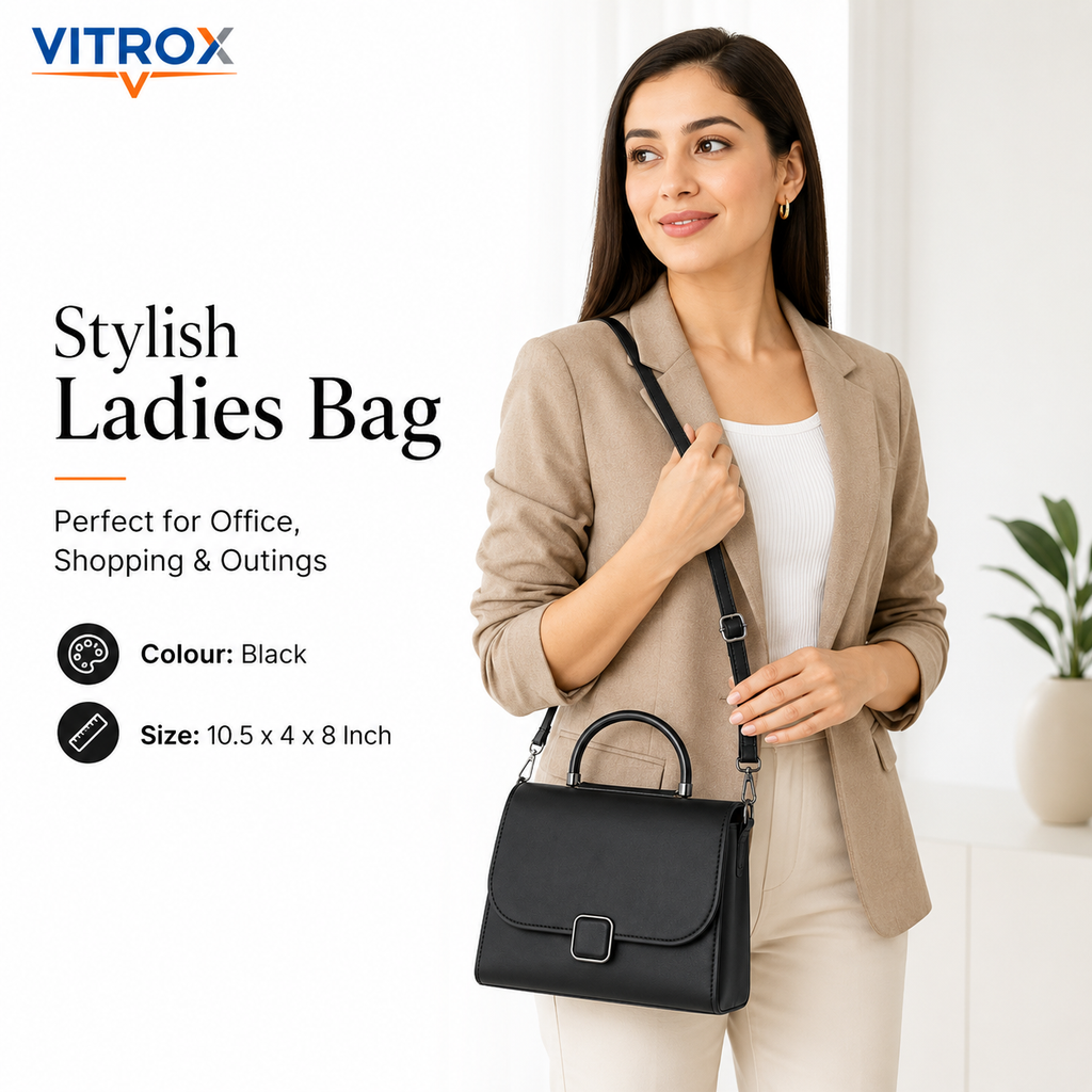 Vitrox Black Ladies Handbag - Stylish Top Handle Bag with Shoulder Strap