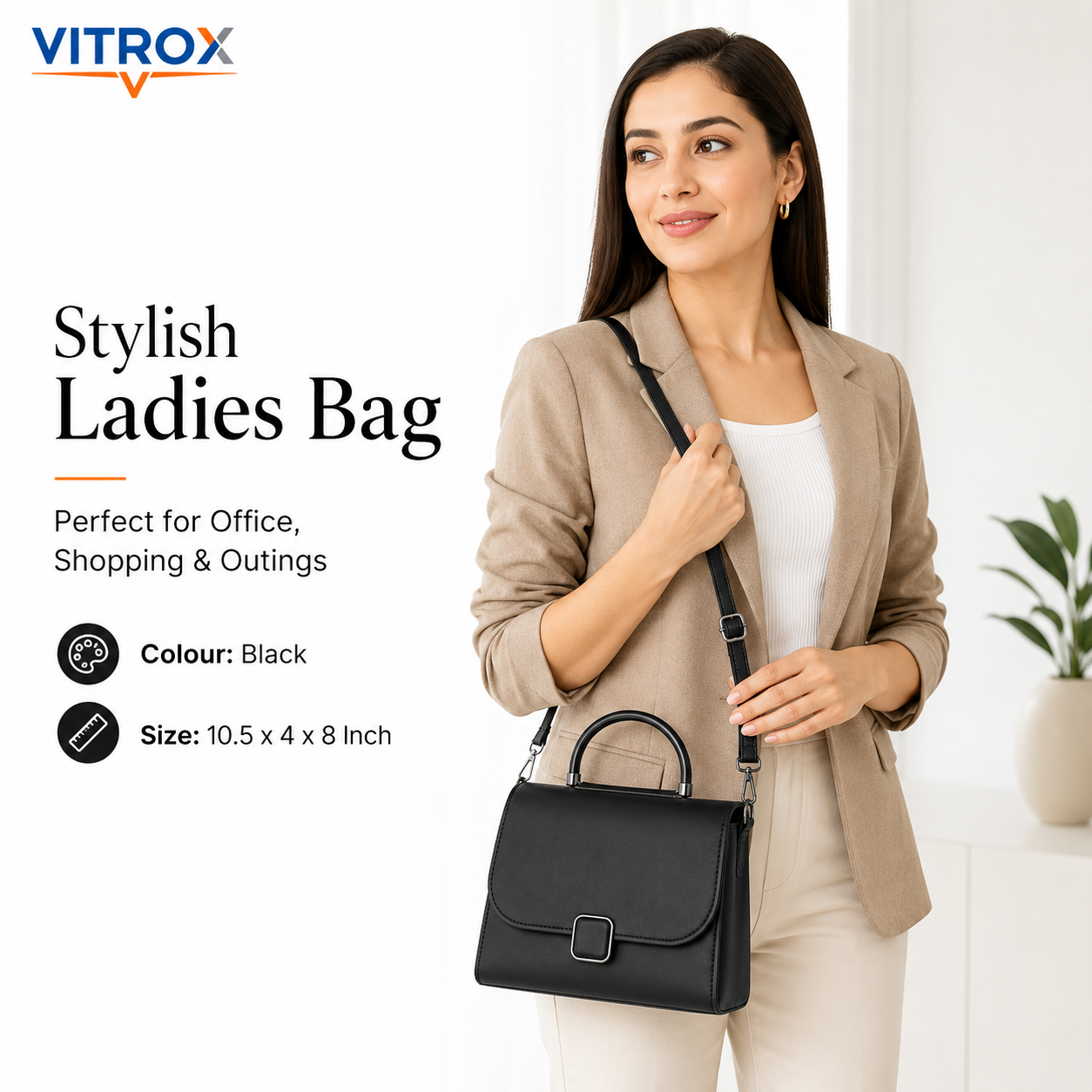 Vitrox Black Ladies Handbag - Stylish Top Handle Bag with Shoulder Strap
