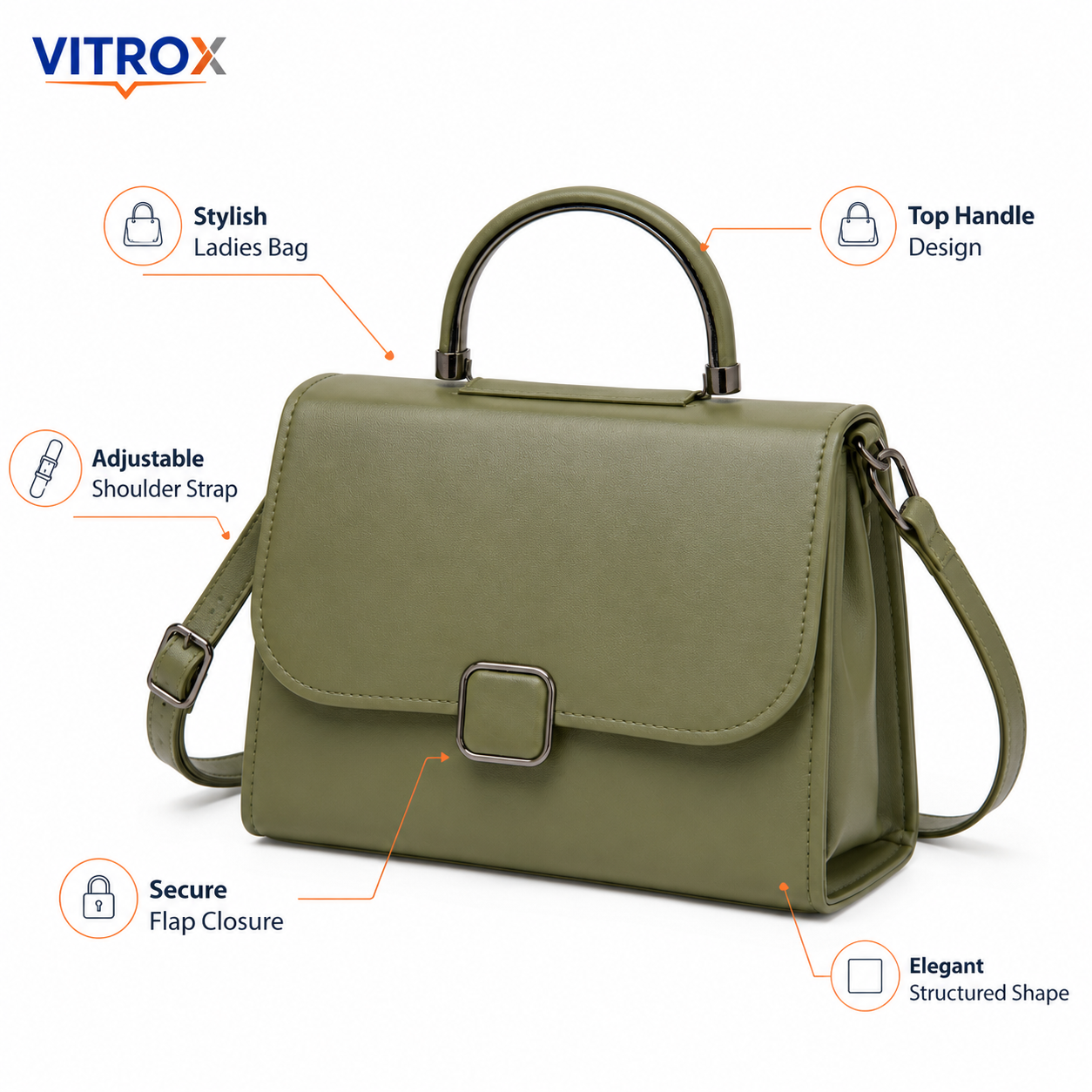 Vitrox Olive Green Ladies Handbag – Stylish Top Handle Shoulder Bag with Adjustable Strap