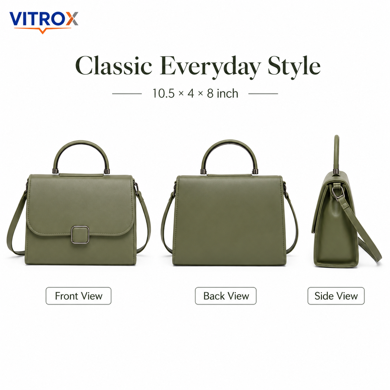 Vitrox Olive Green Ladies Handbag – Stylish Top Handle Shoulder Bag with Adjustable Strap