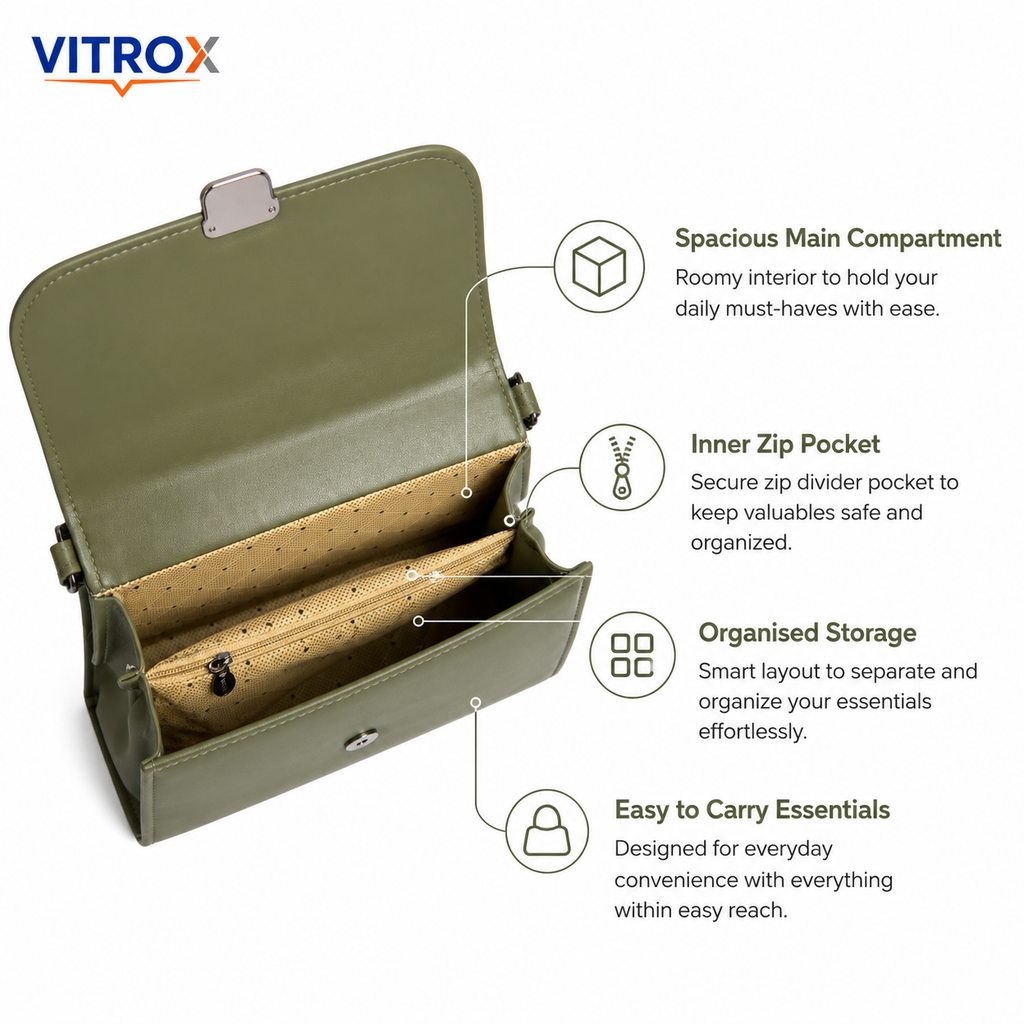 Vitrox Olive Green Ladies Handbag – Stylish Top Handle Shoulder Bag with Adjustable Strap