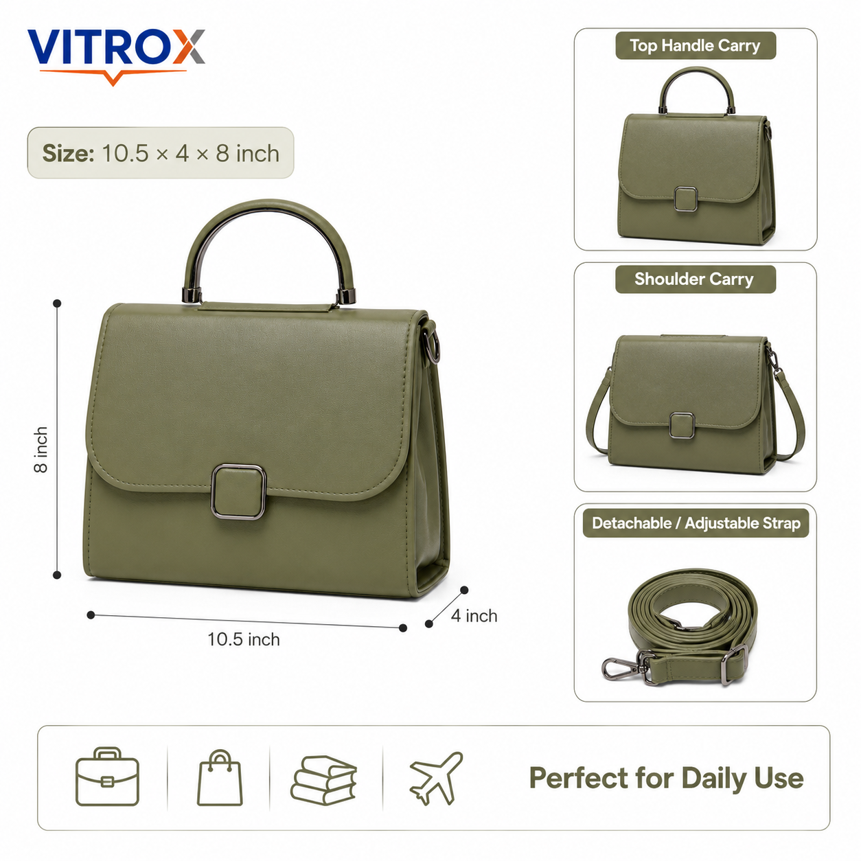 Vitrox Olive Green Ladies Handbag – Stylish Top Handle Shoulder Bag with Adjustable Strap