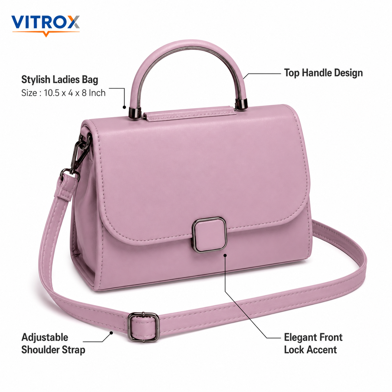 Vitrox Stylish Ladies Handbag – Dusty Pink PU Leather Top Handle Shoulder Bag