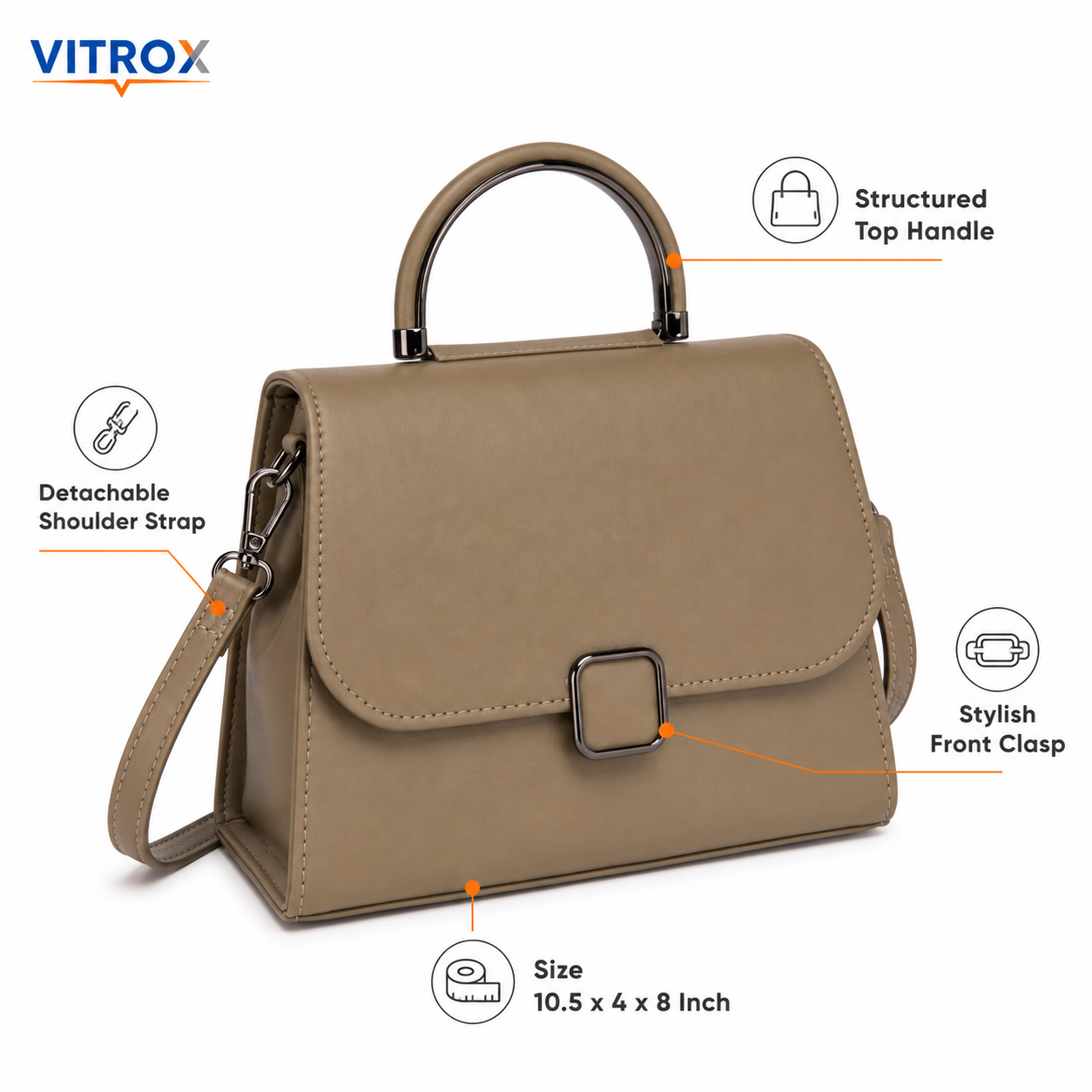 Vitrox Ladies Handbag with Top Handle & Shoulder Strap – Taupe Beige
