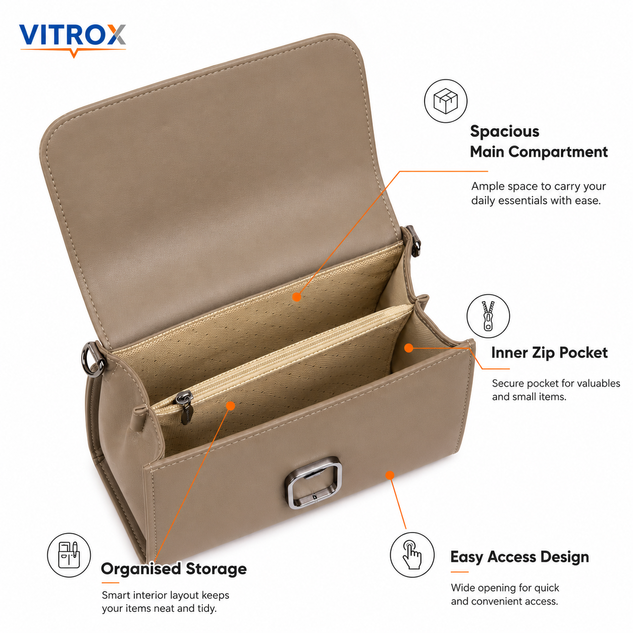 Vitrox Ladies Handbag with Top Handle & Shoulder Strap – Taupe Beige