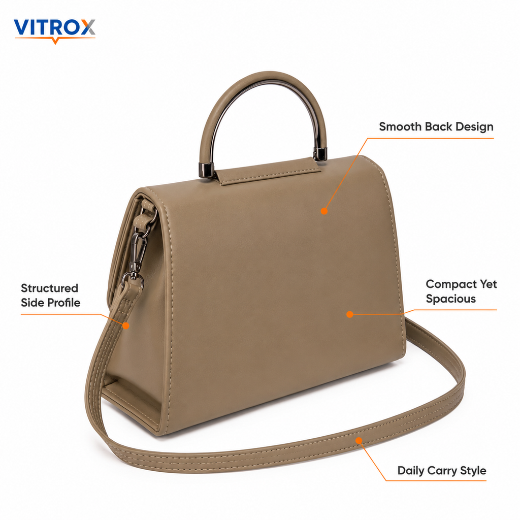 Vitrox Ladies Handbag with Top Handle & Shoulder Strap – Taupe Beige