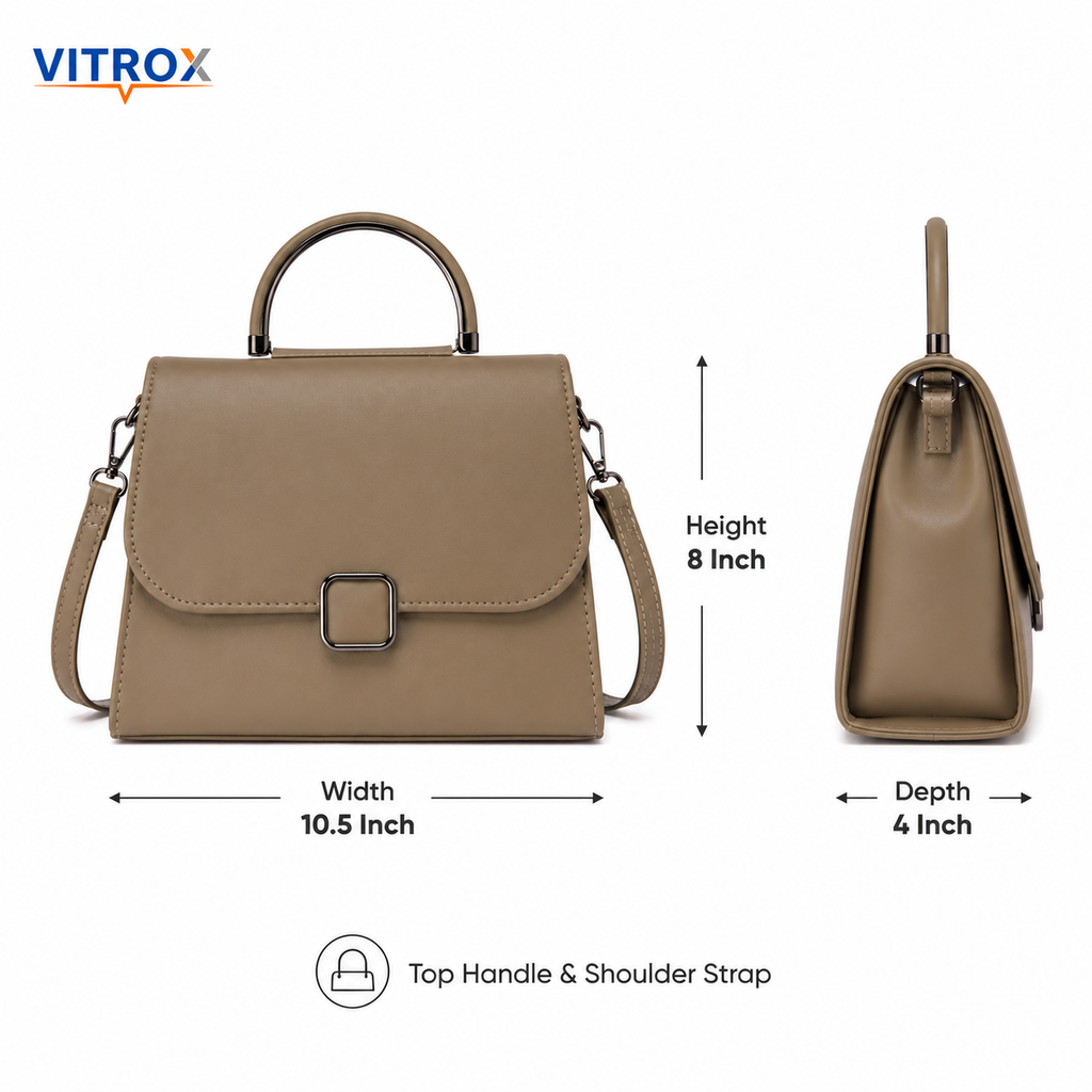 Vitrox Ladies Handbag with Top Handle & Shoulder Strap – Taupe Beige