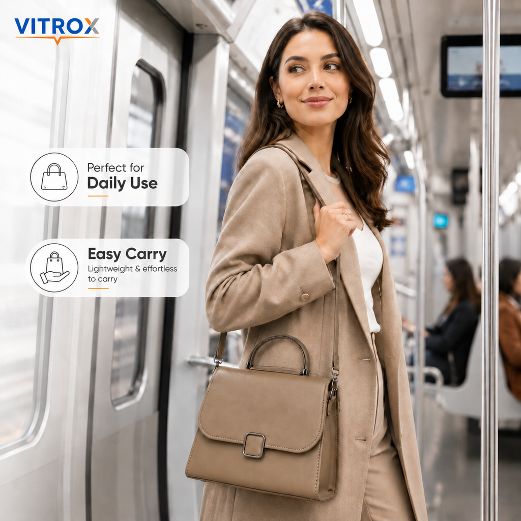 Vitrox Ladies Handbag with Top Handle & Shoulder Strap – Taupe Beige