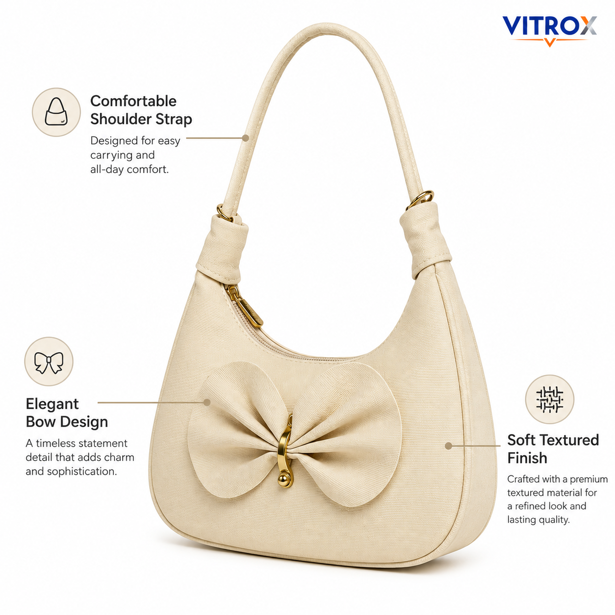Vitrox Cream Bow Design Ladies Shoulder Bag – Stylish Function & Party Handbag
