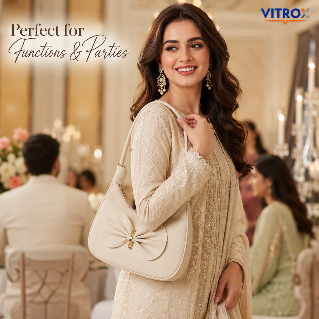 Vitrox Cream Bow Design Ladies Shoulder Bag – Stylish Function & Party Handbag