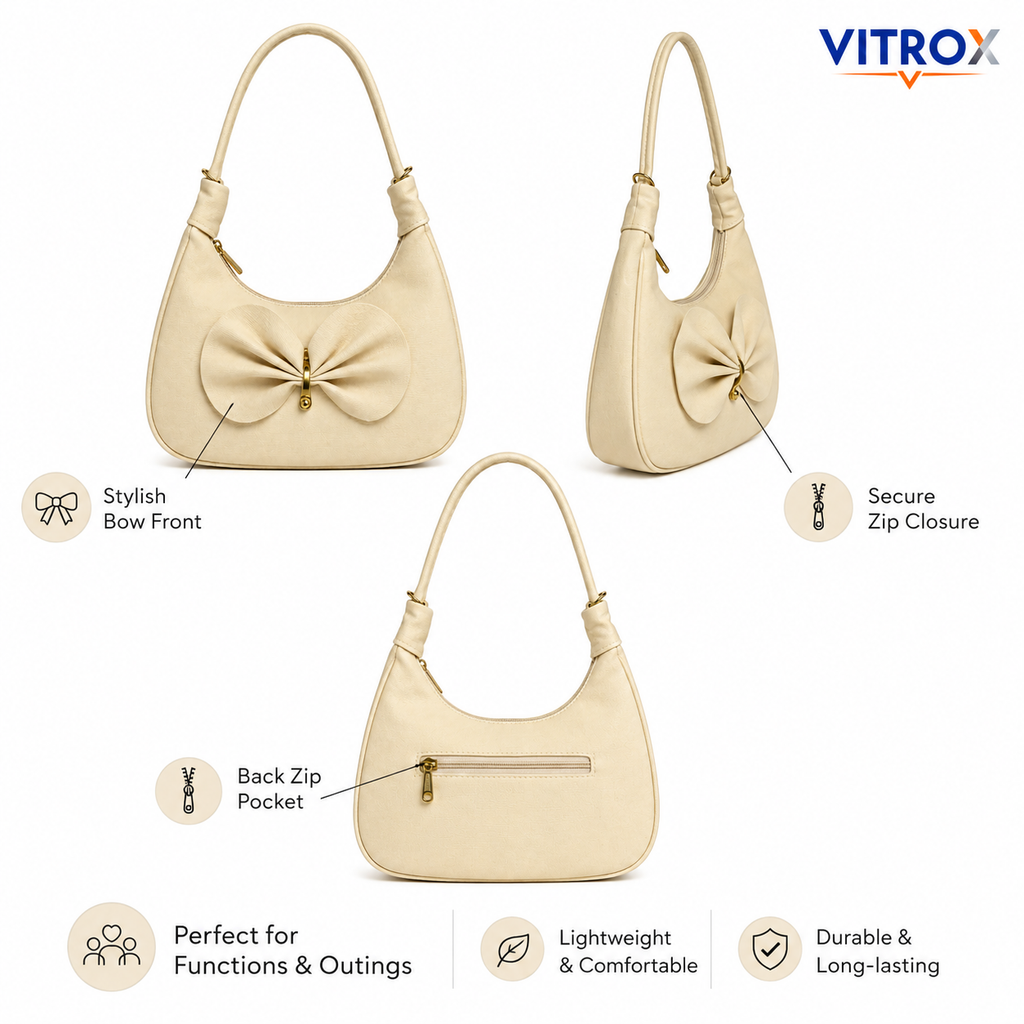 Vitrox Cream Bow Design Ladies Shoulder Bag – Stylish Function & Party Handbag