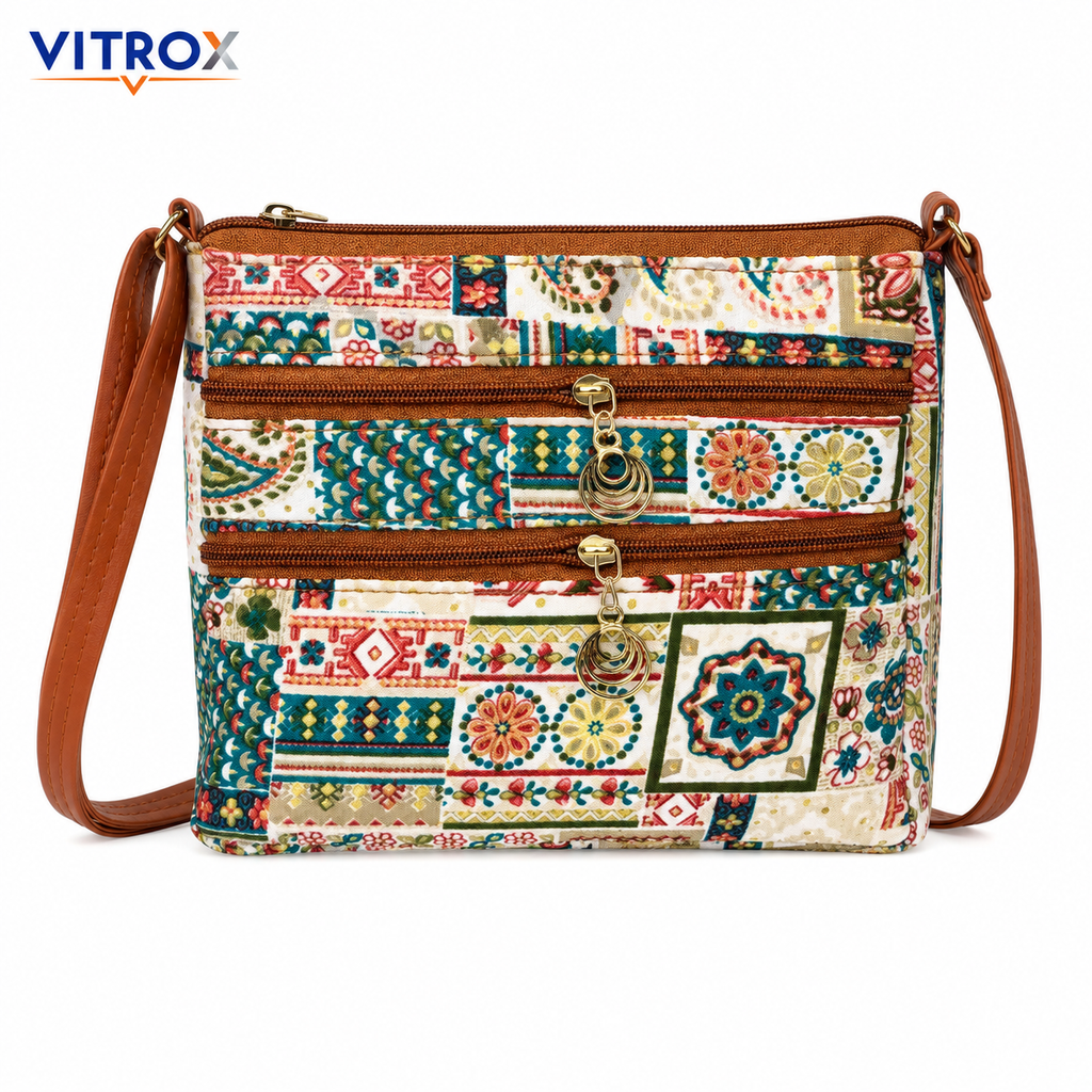 Vitrox Multicolor Printed Ladies Sling Bag | Cream Patchwork Shoulder Bag for Women