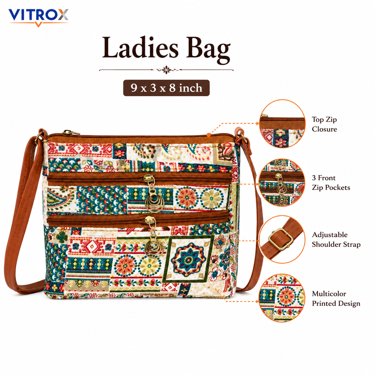 Vitrox Multicolor Printed Ladies Sling Bag | Cream Patchwork Shoulder Bag for Women