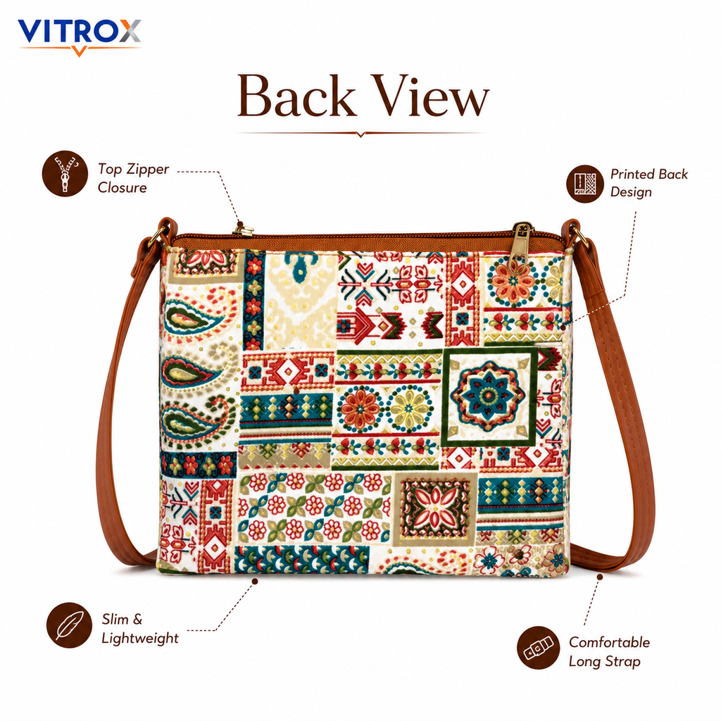 Vitrox Multicolor Printed Ladies Sling Bag | Cream Patchwork Shoulder Bag for Women