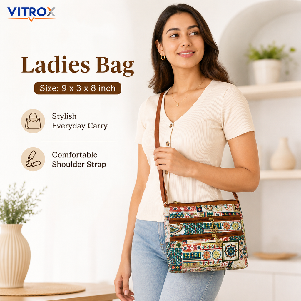 Vitrox Multicolor Printed Ladies Sling Bag | Cream Patchwork Shoulder Bag for Women