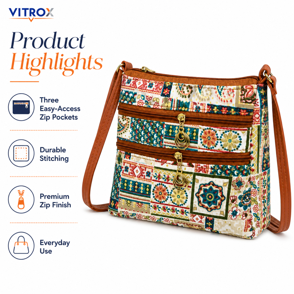 Vitrox Multicolor Printed Ladies Sling Bag | Cream Patchwork Shoulder Bag for Women