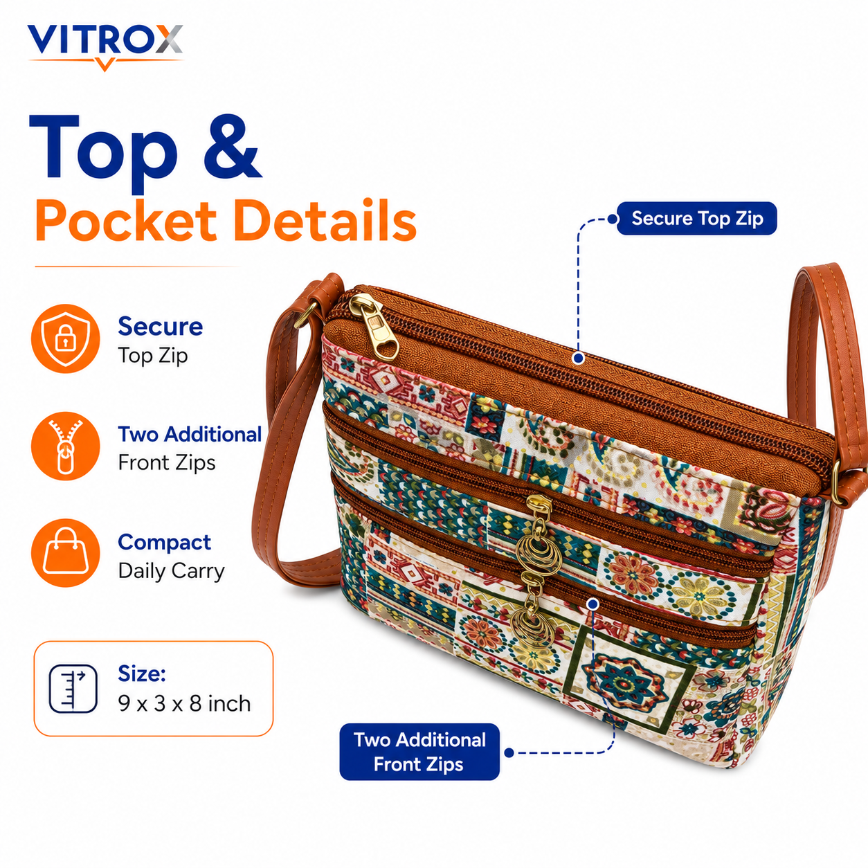 Vitrox Multicolor Printed Ladies Sling Bag | Cream Patchwork Shoulder Bag for Women