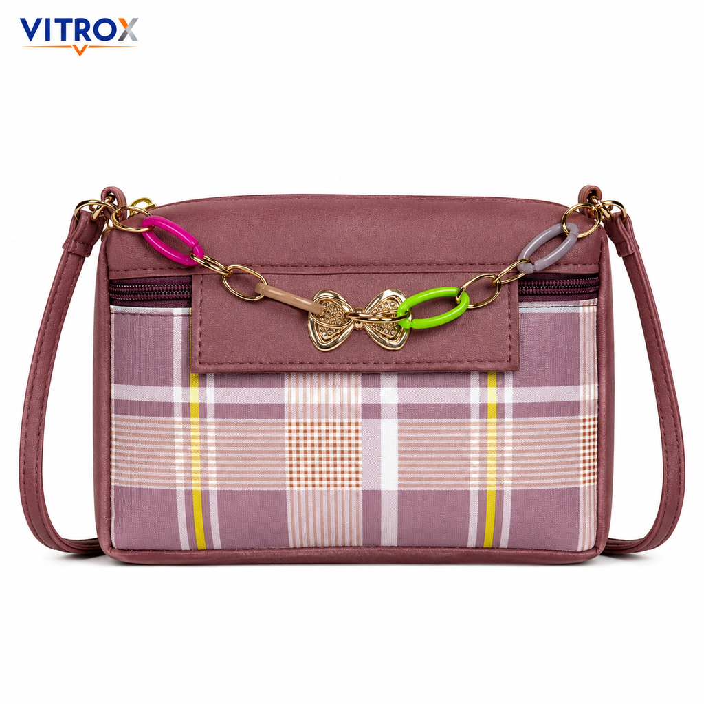 Vitrox Mauve Plaid Ladies Sling Bag | Compact Shoulder Bag with Gold Bow & Chain Detail