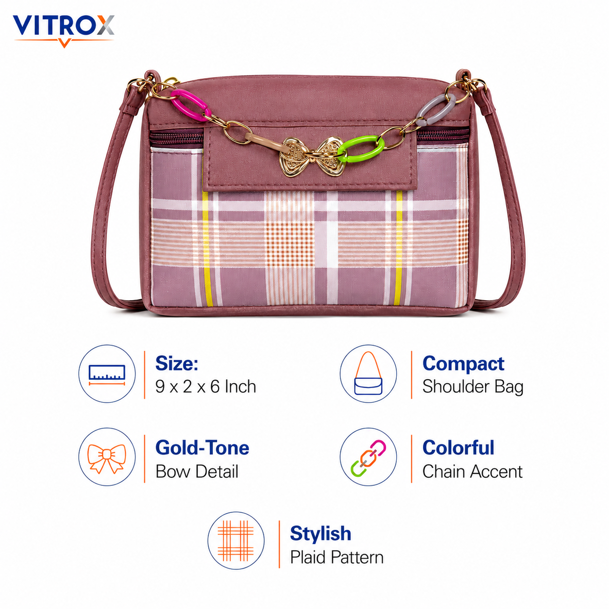 Vitrox Mauve Plaid Ladies Sling Bag | Compact Shoulder Bag with Gold Bow & Chain Detail