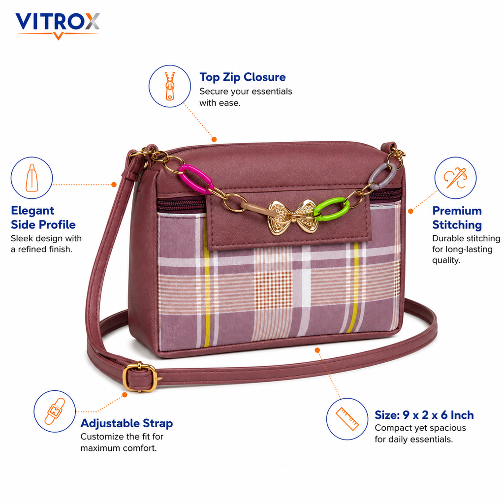 Vitrox Mauve Plaid Ladies Sling Bag | Compact Shoulder Bag with Gold Bow & Chain Detail