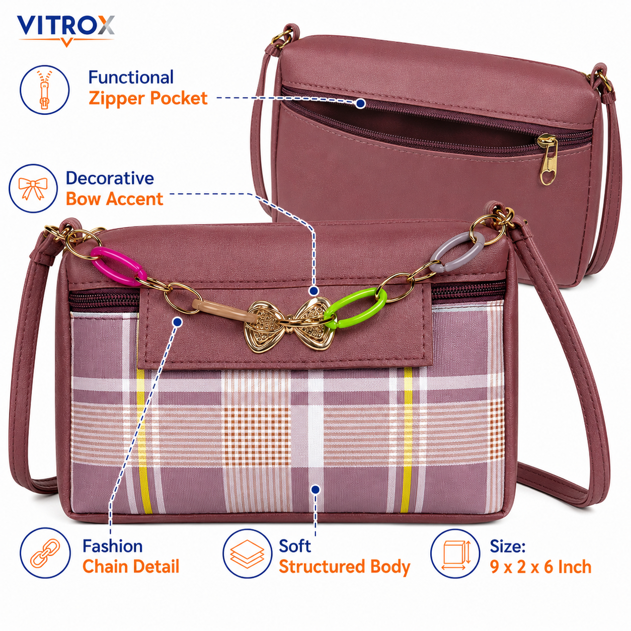 Vitrox Mauve Plaid Ladies Sling Bag | Compact Shoulder Bag with Gold Bow & Chain Detail