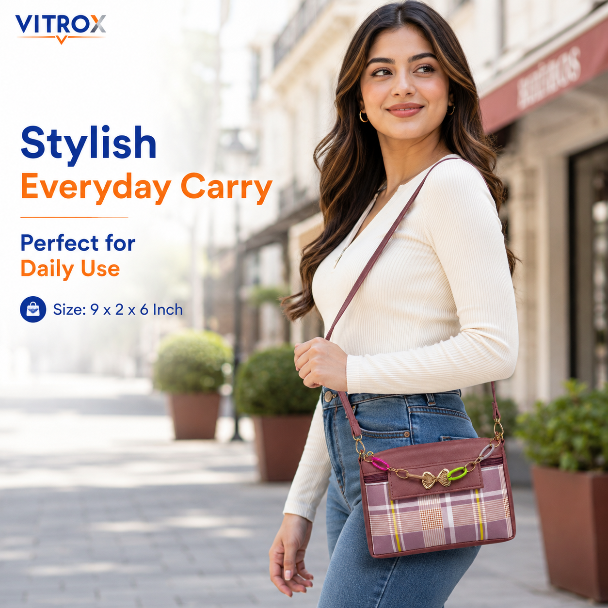 Vitrox Mauve Plaid Ladies Sling Bag | Compact Shoulder Bag with Gold Bow & Chain Detail