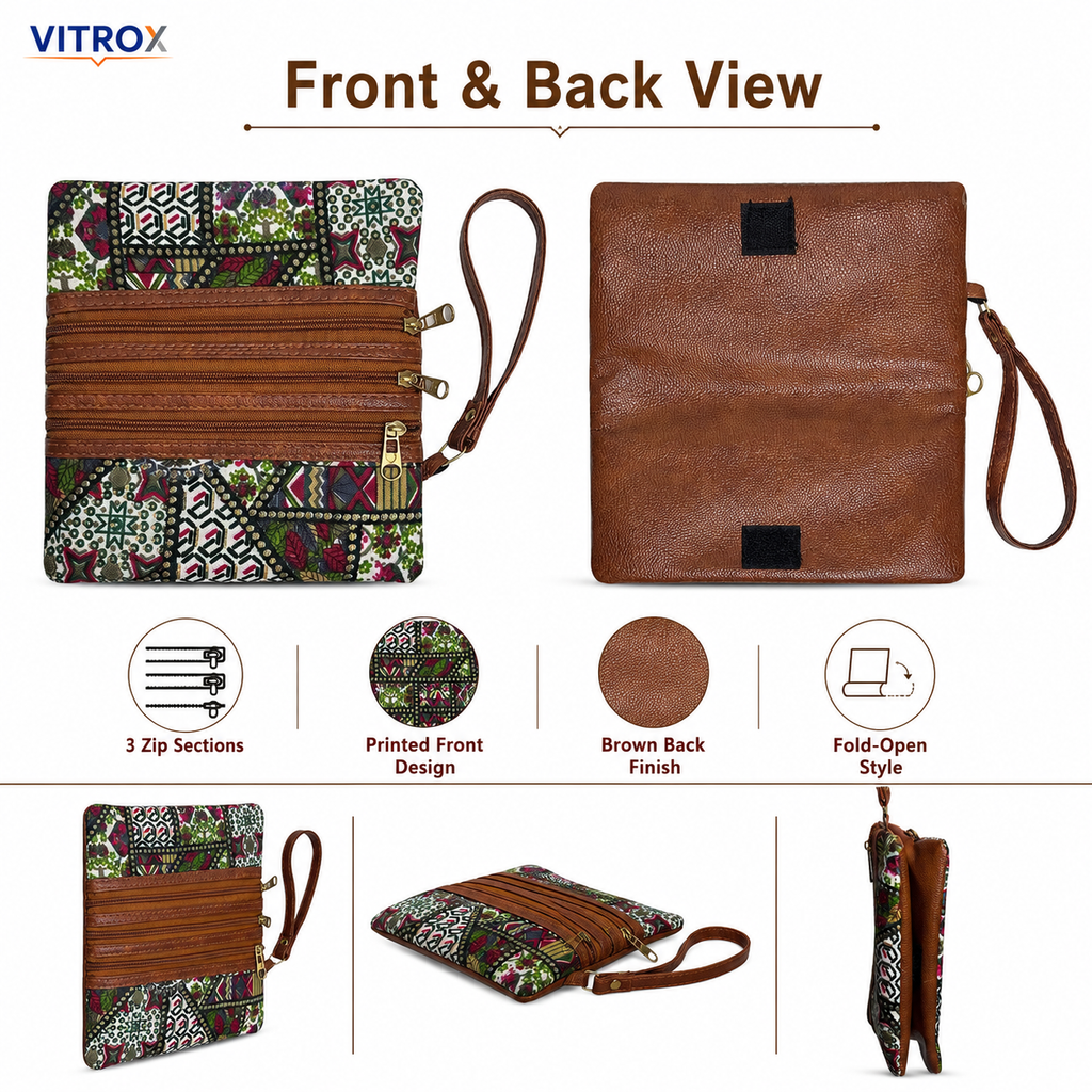 Vitrox Multicolour Printed Ladies Utility Pouch | 3 Zip Wristlet Bag with Brown Trim