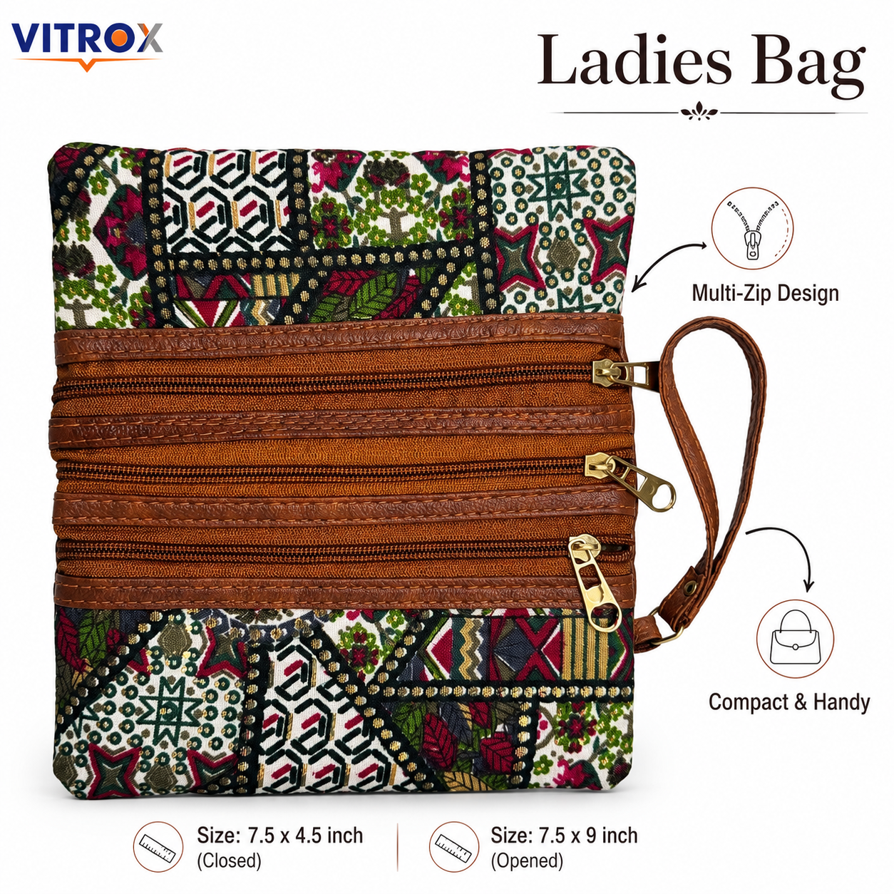 Vitrox Multicolour Printed Ladies Utility Pouch | 3 Zip Wristlet Bag with Brown Trim