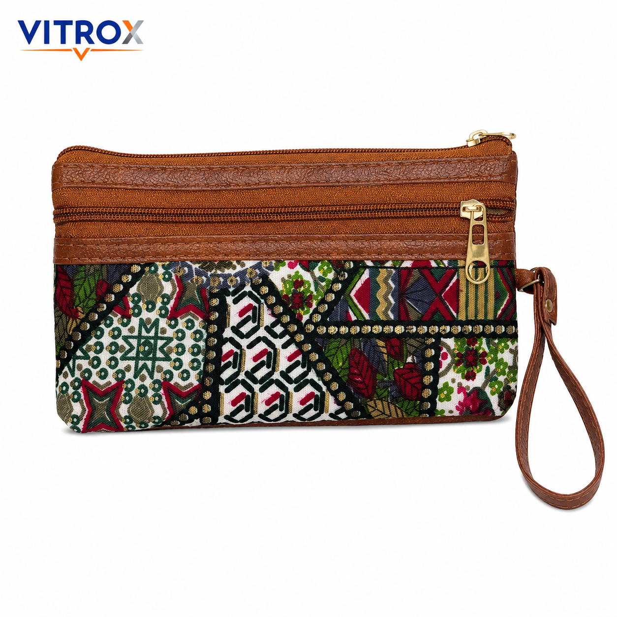 Vitrox Multicolour Printed Ladies Utility Pouch | 3 Zip Wristlet Bag with Brown Trim