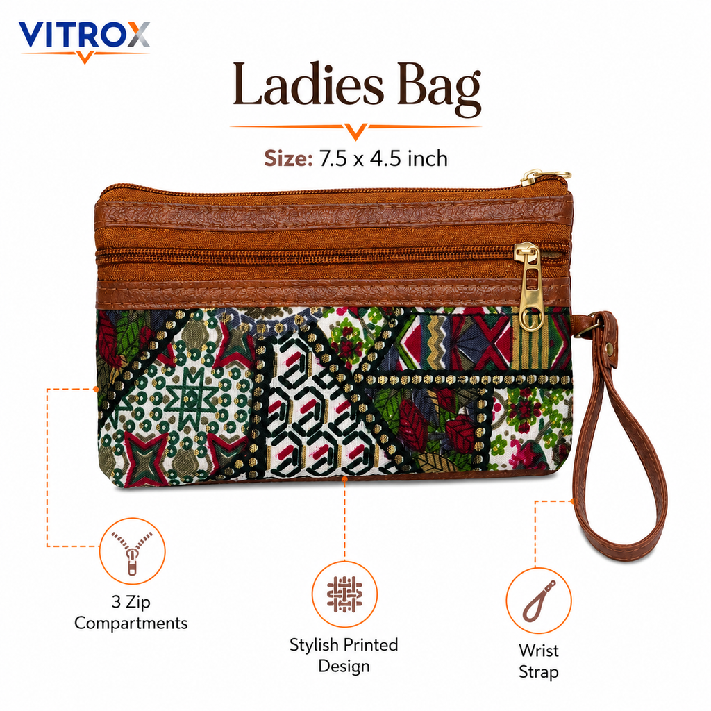 Vitrox Multicolour Printed Ladies Utility Pouch | 3 Zip Wristlet Bag with Brown Trim