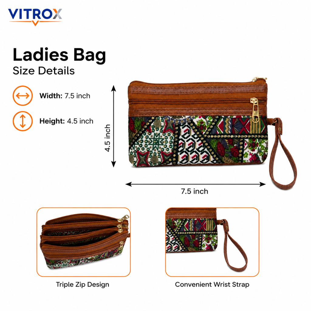 Vitrox Multicolour Printed Ladies Utility Pouch | 3 Zip Wristlet Bag with Brown Trim