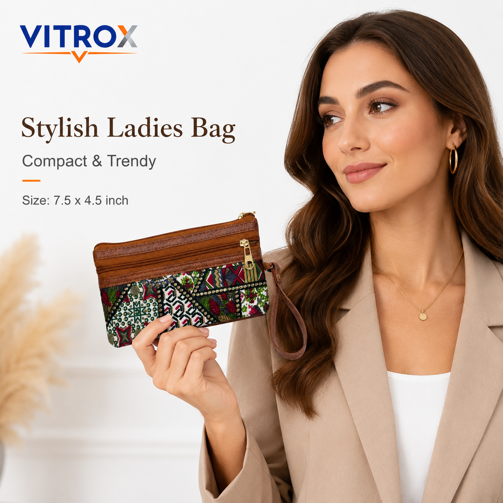 Vitrox Multicolour Printed Ladies Utility Pouch | 3 Zip Wristlet Bag with Brown Trim