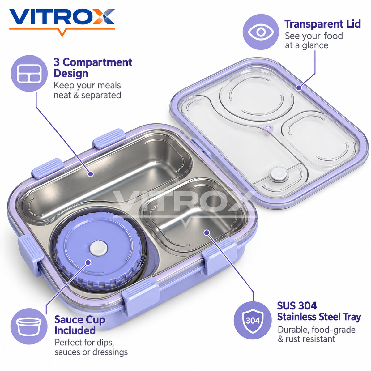 Lavender 3-Compartment Stainless Steel Lunch Box
