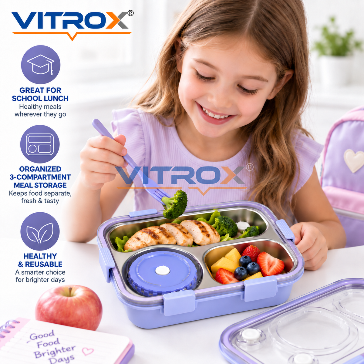 Lavender 3-Compartment Stainless Steel Lunch Box