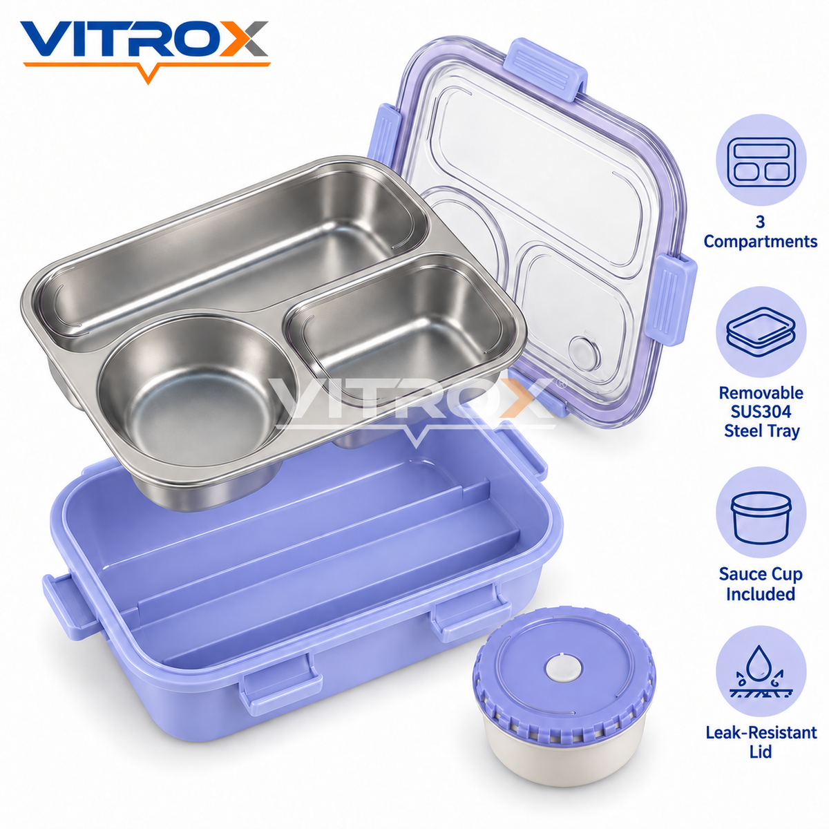 Lavender 3-Compartment Stainless Steel Lunch Box
