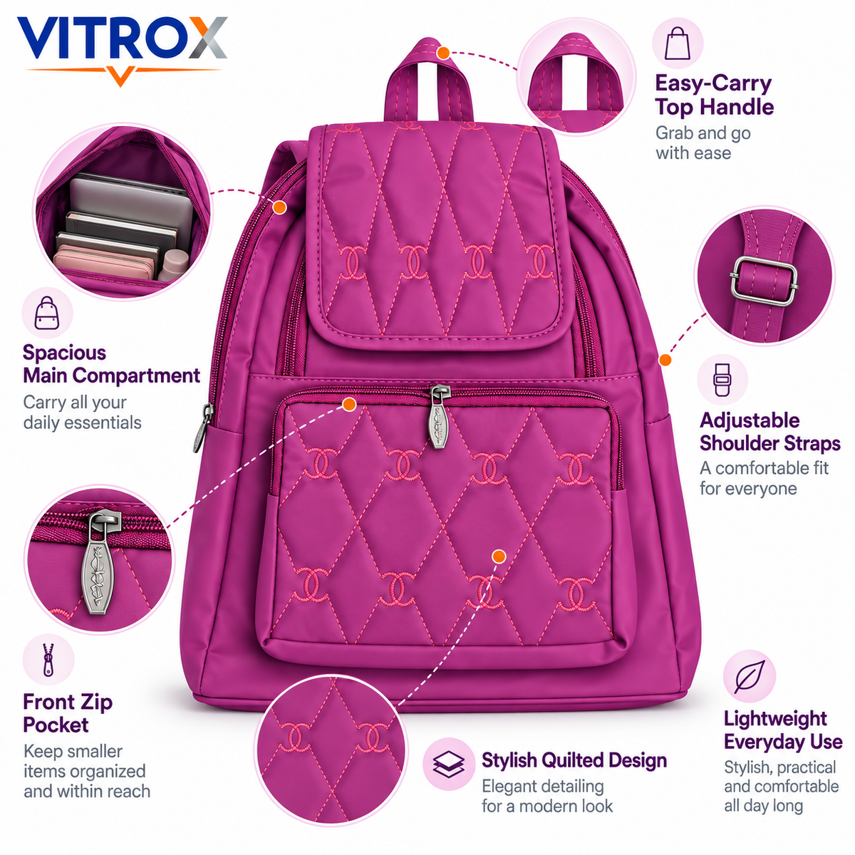 Quilted Casual Backpack with Front Zip Pocket