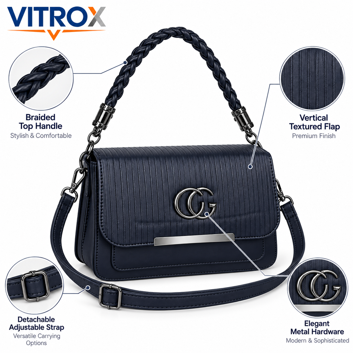 Textured Flap Handbag for Women with Adjustable Strap