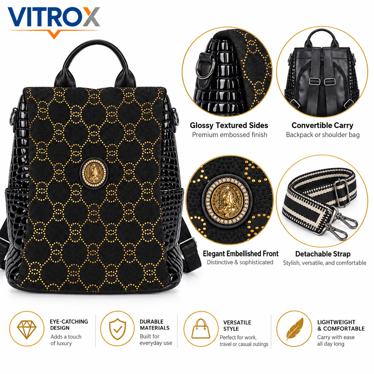 Women’s Black Studded Convertible Backpack Bag